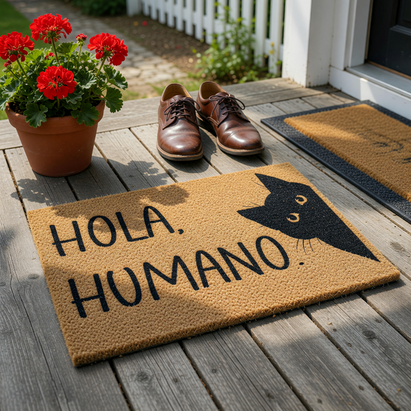 Black Cat Welcome Doormat featuring a natural coir texture with a playful black cat silhouette peeking from the right side and the text Hola Humano printed in a clean, modern black font against the light brown fiber background.
