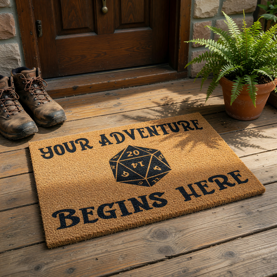 Dungeons and Dragons themed doormat featuring a natural coir texture with a black printed twenty-sided die graphic in the center, surrounded by the bold text Your Adventure Begins Here for a fun entryway decor piece for any