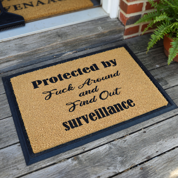 Funny doormat featuring the text Protected by Fuck Around and Find Out surveillance in a mix of bold and script fonts, displayed on a natural brown coir fiber mat against a clean white background for a humorous home entryway