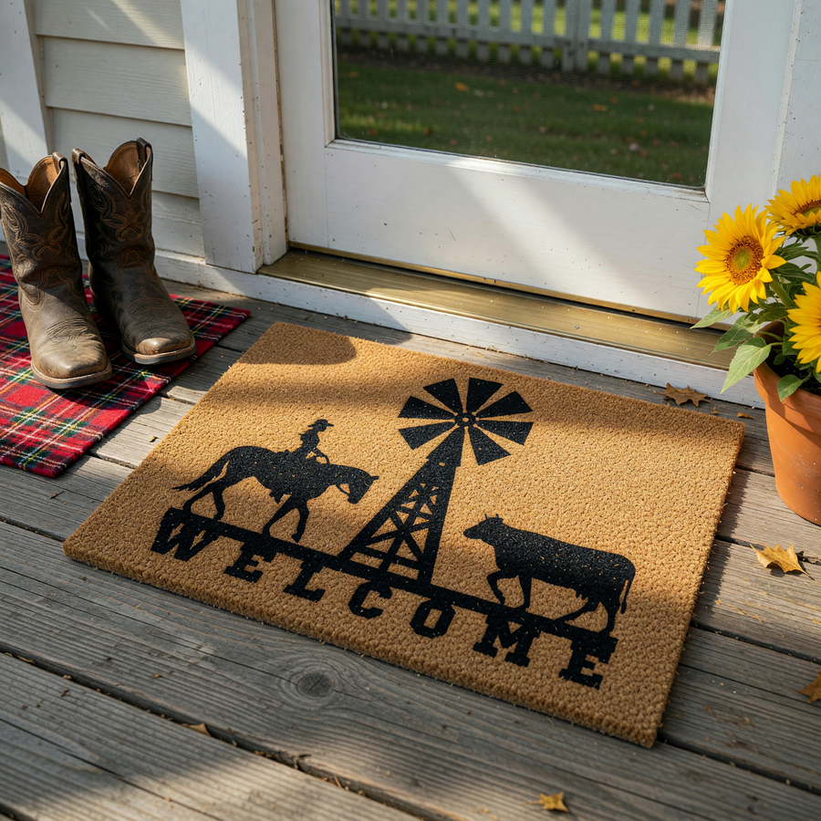Farmhouse Welcome Doormat featuring a black silhouette of a cowgirl on horseback, a rustic windmill, and a cow standing on a natural coir fiber background with the word Welcome printed in bold black lettering at the bottom of the