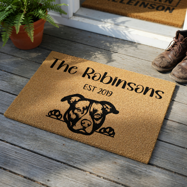 Personalized Pit Bull doormat featuring a natural coir texture with a black printed illustration of a dog peeking over the edge, customized with a family name and established year on a clean white background for a welcoming home