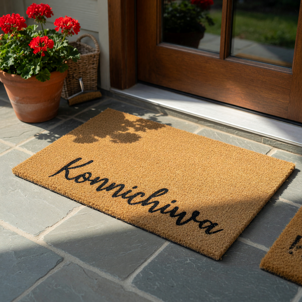Konnichiwa coir doormat featuring a natural brown fiber texture and elegant black script lettering, designed as a welcoming front porch entrance mat for your home that adds a touch of Japanese-inspired style to any entryway.
