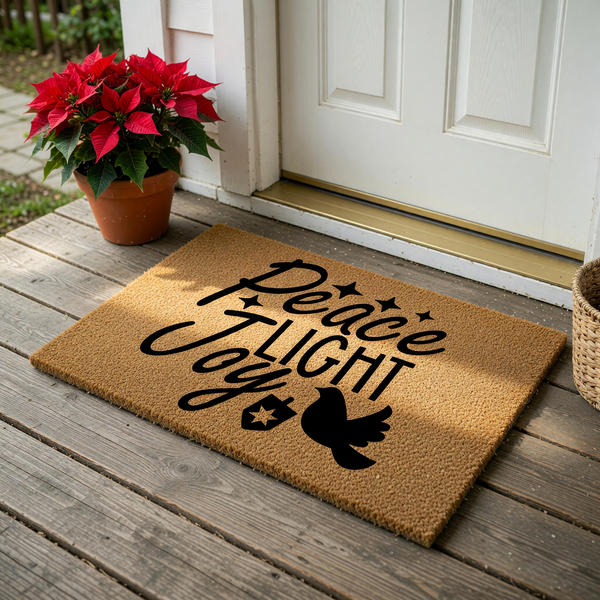 Peace Light Joy Hanukkah Doormat featuring a natural coir texture with black printed text and a dove icon, creating a festive holiday entryway decor piece that welcomes guests with a warm and meaningful seasonal message for your