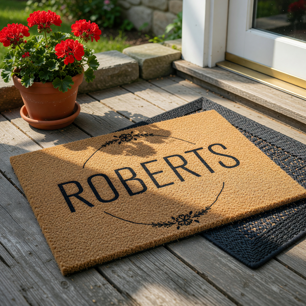 Personalized family name coir doormat featuring a clean, minimalist design with a black circular wreath and floral accents, centered on a natural brown coconut fiber mat against a plain white studio background for a modern home