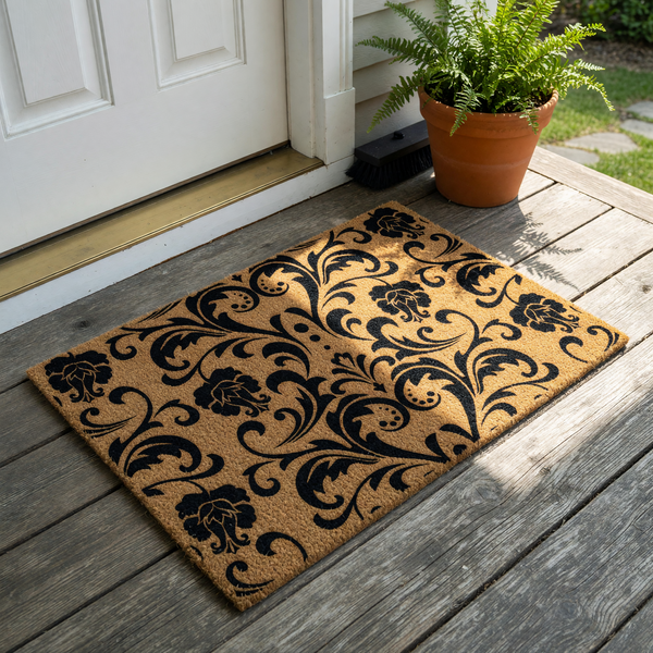 Damask Pattern Coir Doormat featuring a bold black floral scrollwork design printed on a natural tan coconut fiber background, providing a sophisticated and durable entryway accent for your home porch or front door decor.