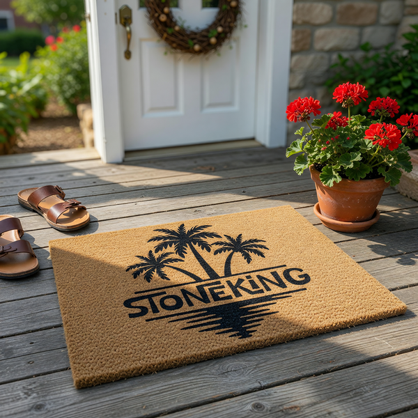 Tropical Palm Tree Personalized Coir Doormat featuring a black silhouette of three palm trees above a custom family name, set against a natural tan textured coir background for a welcoming coastal or beach house entryway decor