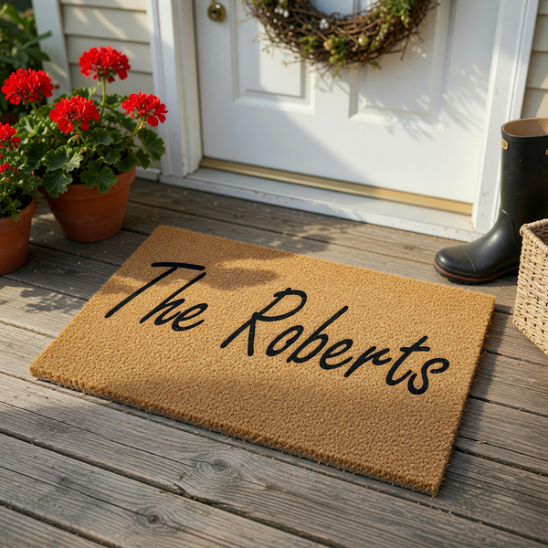 Personalized family name coir doormat featuring a natural tan fiber texture and bold black script lettering that displays a custom last name, providing a welcoming and durable entrance floor mat for any home front porch or