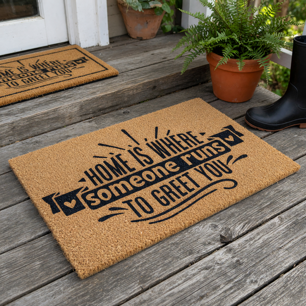 Home Is Where Someone Runs To Greet You coir doormat featuring a natural tan fiber texture and bold black typography, centered on a plain white background to highlight the welcoming message and decorative heart accents for your