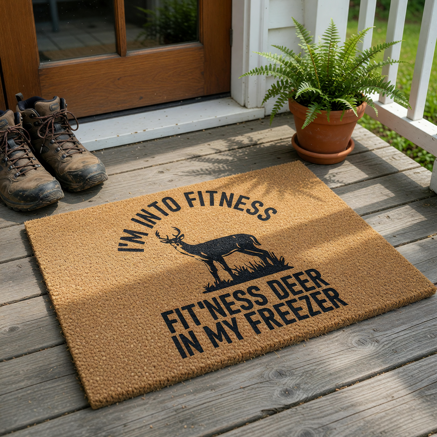 Funny Deer Hunting Doormat featuring a silhouette of a buck and the humorous text I am into fitness, fit-ness deer in my freezer, printed in black ink on a natural brown coir fiber mat against a clean white studio background.