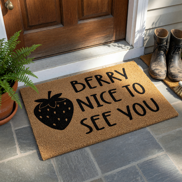 Berry Nice To See You coir doormat featuring a black strawberry graphic and playful typography on a natural brown fiber background, creating a welcoming entrance for your home porch or front door decor.