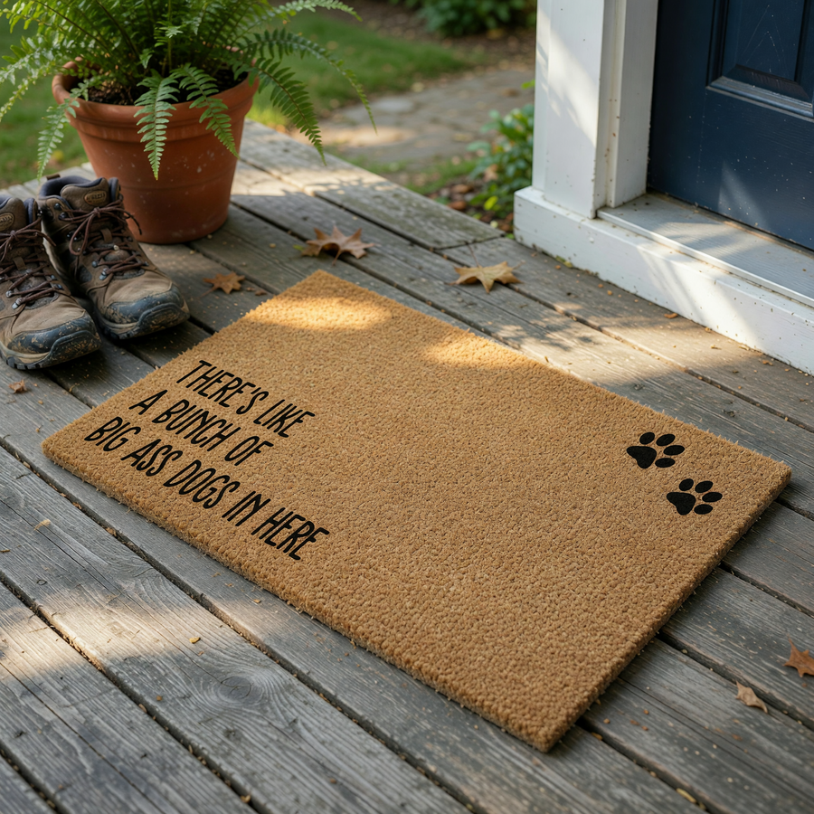 Funny Dog Lover Coir Doormat featuring the text There is like a bunch of big ass dogs in here printed in black ink, accented by two black paw prints on a natural brown textured coir fiber mat against a clean white studio