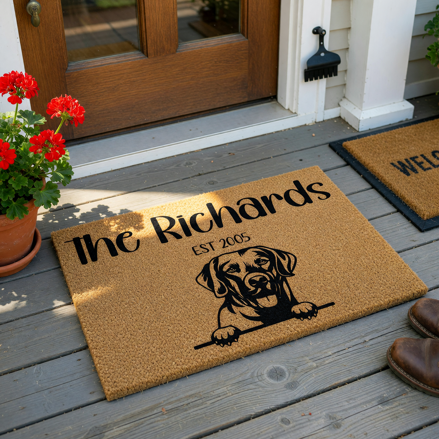 Personalized Labrador Retriever doormat featuring a natural coir texture with a black printed illustration of a happy dog peeking over a line, customized with a family name and established year on a clean white studio background.