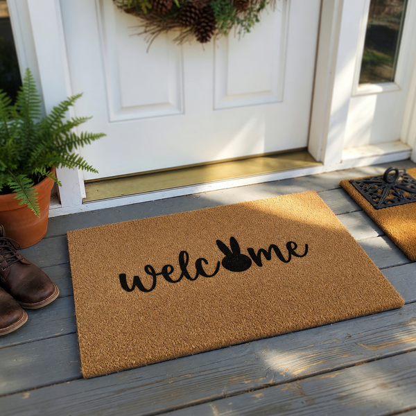 Easter Bunny Welcome Doormat made of natural coir fiber, featuring the word welcome in black script with a cute rabbit silhouette replacing the letter o, set against a plain white background for a festive spring entryway decor.