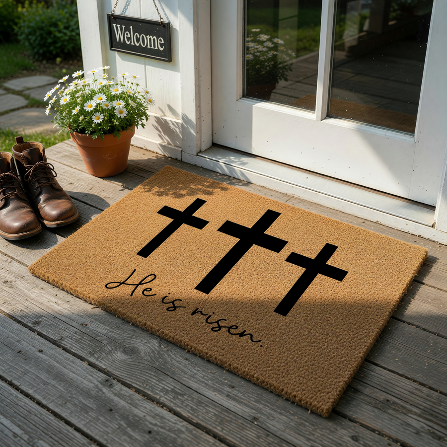 He Is Risen Easter Doormat featuring three black crosses printed on a natural tan coir fiber mat, creating a festive religious entryway decor piece that celebrates the spring holiday season with a clean and minimalist aesthetic.
