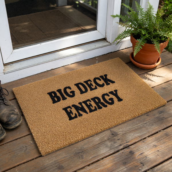 Big Deck Energy coir doormat featuring a natural tan fiber texture and bold black lettering centered on the mat, providing a humorous and welcoming touch for your outdoor patio, porch, or backyard deck entrance area.