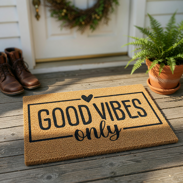 Good Vibes Only coir doormat featuring a rectangular black frame and a small heart icon centered above the text, set against a clean white background to highlight the natural tan texture of the durable outdoor welcome mat