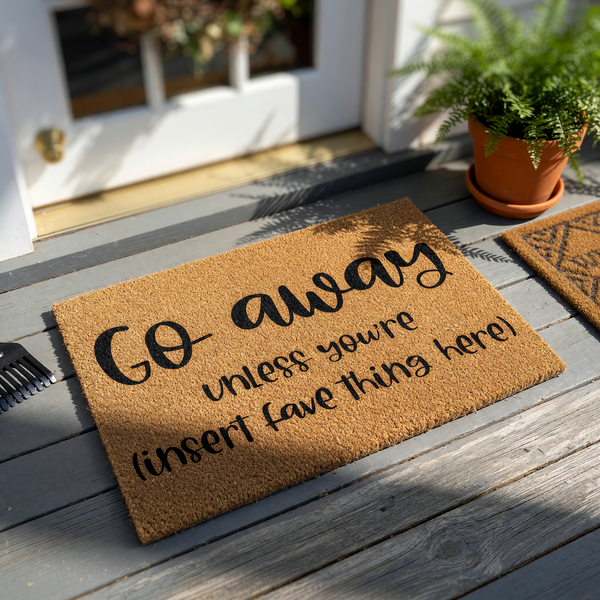 Funny Go Away Doormat featuring a natural coir texture and bold black lettering that reads Go away unless you're insert fave thing here, making it a humorous and personalized front porch decor piece for any home entrance.
