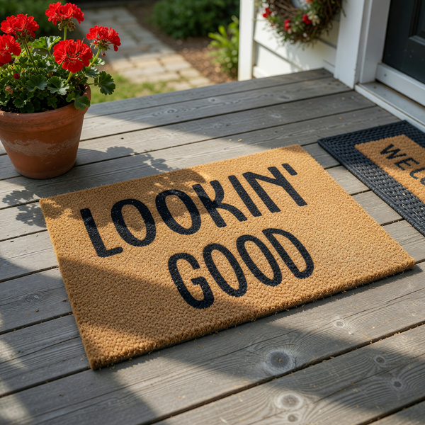 Lookin' Good coir doormat featuring a natural tan fiber texture and bold black lettering, providing a fun and welcoming entrance decor piece for your front porch or entryway that greets guests with a stylish and modern aesthetic.
