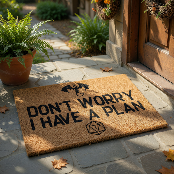 Dungeons and Dragons doormat featuring a natural coir texture with a black dragon silhouette, a twenty-sided die icon, and the text Don't Worry I Have A Plan printed in bold, clean lettering on a plain white background.