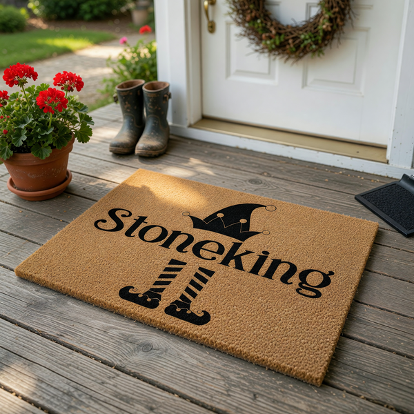 Personalized Christmas Elf Doormat featuring a festive black elf hat and striped legs design on a natural coir fiber mat, providing a fun and welcoming holiday entrance for your home during the winter season.