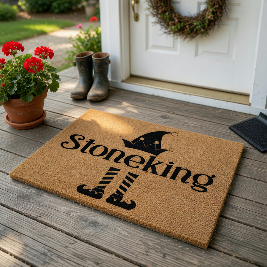 Personalized Christmas Elf Doormat featuring a festive black elf hat and striped legs design on a natural coir fiber mat, providing a fun and welcoming holiday entrance for your home during the winter season.