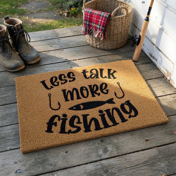 Less Talk More Fishing coir doormat featuring a natural tan fiber texture and bold black lettering with a fish and hook graphic, providing a humorous and welcoming outdoor entrance decor piece for any avid fisherman or fishing