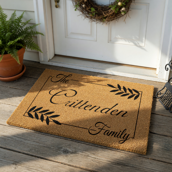 Personalized family name coir doormat featuring a classic rectangular border, elegant black script lettering, and decorative leaf accents on a natural tan textured fiber background for a welcoming front porch entryway decor style.