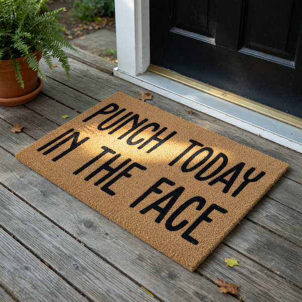 Punch Today In The Face coir doormat featuring bold black typography centered on a natural brown coconut fiber mat, providing a humorous and motivational welcome for your front porch or entryway decor on a clean white background.