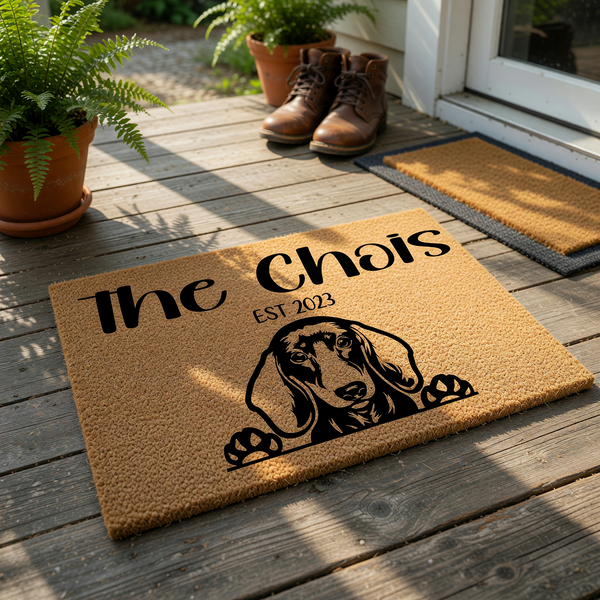 Personalized Dachshund doormat featuring a cute dog illustration and custom family text on a natural coir fiber background, creating a welcoming entrance for any dog lover home with its durable, textured surface and clear black