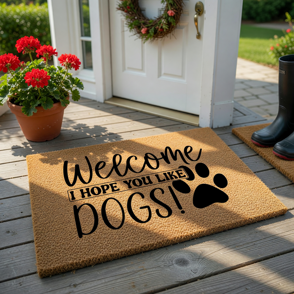 Dog lover welcome doormat made of natural coir fiber featuring the black printed text Welcome I Hope You Like Dogs and a large paw print graphic, set against a clean white background for a modern and humorous entryway decor style.