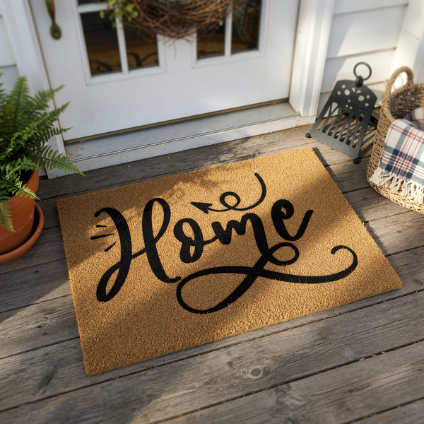 Home coir doormat featuring a natural tan fiber texture and bold black script lettering that spells out the word Home with a decorative arrow flourish, creating a welcoming entrance piece for any front porch or entryway decor.