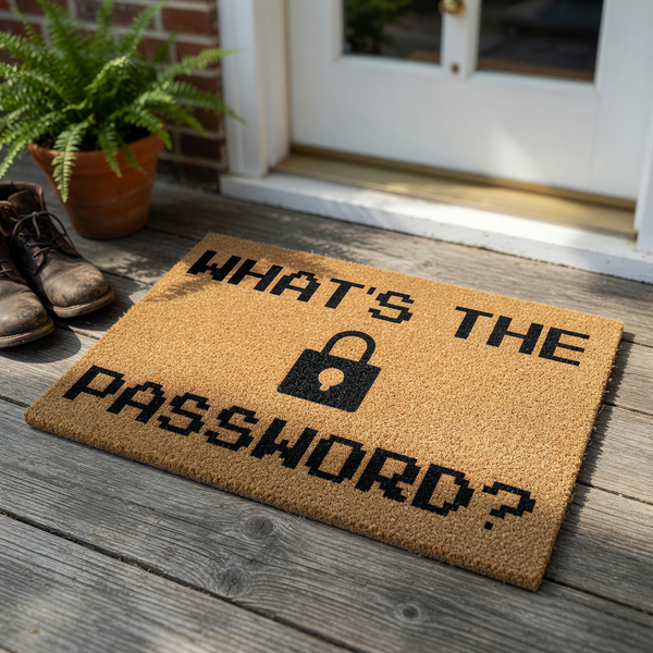Funny What's The Password Coir Doormat featuring a pixelated font and a central black padlock icon, designed to add a humorous and geeky touch to your front porch entryway while keeping your home entrance clean and welcoming for
