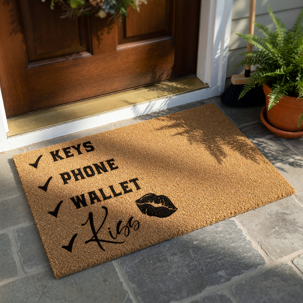 Checklist doormat featuring a natural coir texture with black printed text that reads Keys, Phone, Wallet, and Kiss next to a graphic of lips, serving as a functional and stylish entryway rug for your home or apartment front door.