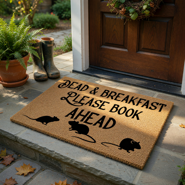 Dead and Breakfast Halloween doormat featuring a natural coir texture with black text that reads Dead and Breakfast Please Book Ahead, accented by three silhouettes of small mice at the bottom for a spooky front porch decor