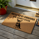 Chihuahua Home Security System doormat featuring a natural coir texture with a black illustration of a sitting Chihuahua dog and bold text that reads Protected by Chihuahua Home Security System on a clean white studio background.