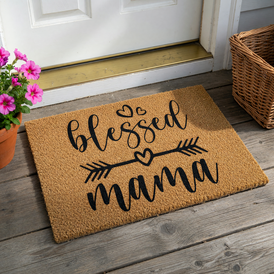 Blessed Mama coir doormat featuring a natural brown fiber texture with black script text, decorative hearts, and an arrow design, providing a welcoming and stylish accent for a front porch or entryway floor decor.