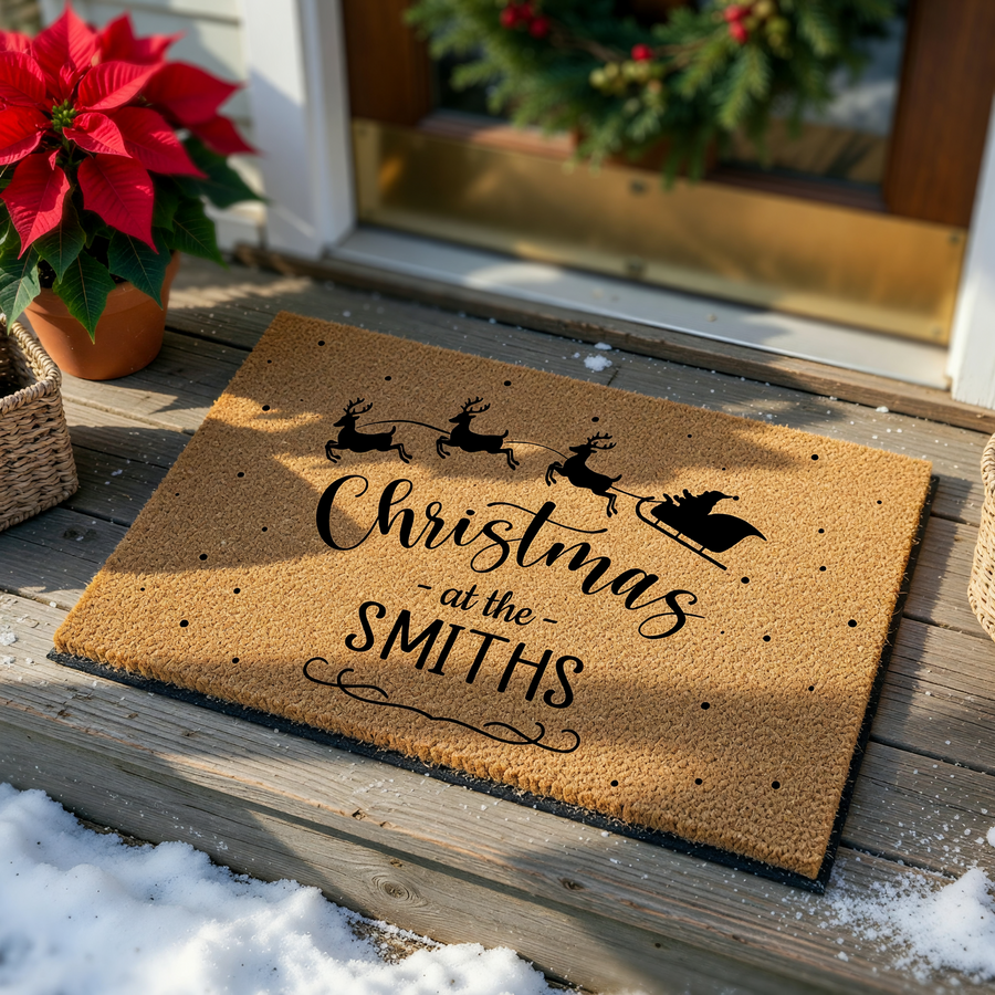 Personalized Christmas doormat featuring a black silhouette of Santa and his reindeer flying across a natural coir fiber mat, with festive text that reads Christmas at the Smiths and a decorative flourish on a plain white