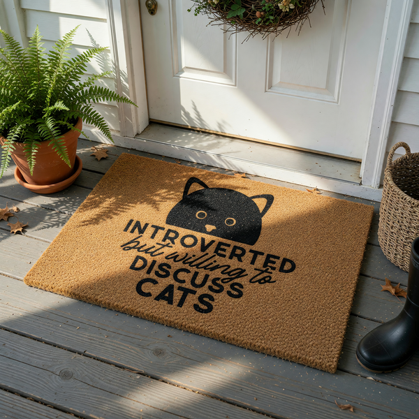 Introverted But Willing To Discuss Cats Coir Doormat featuring a cute black cat silhouette peeking over the text, printed on a natural brown coconut fiber mat that adds a humorous and welcoming touch to any front porch entryway.