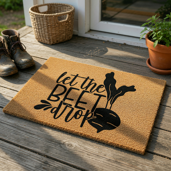 Let the Beet Drop funny garden doormat made of natural coir fiber, featuring a bold black graphic of a beet vegetable and playful typography centered on a rectangular brown mat against a clean white studio background.