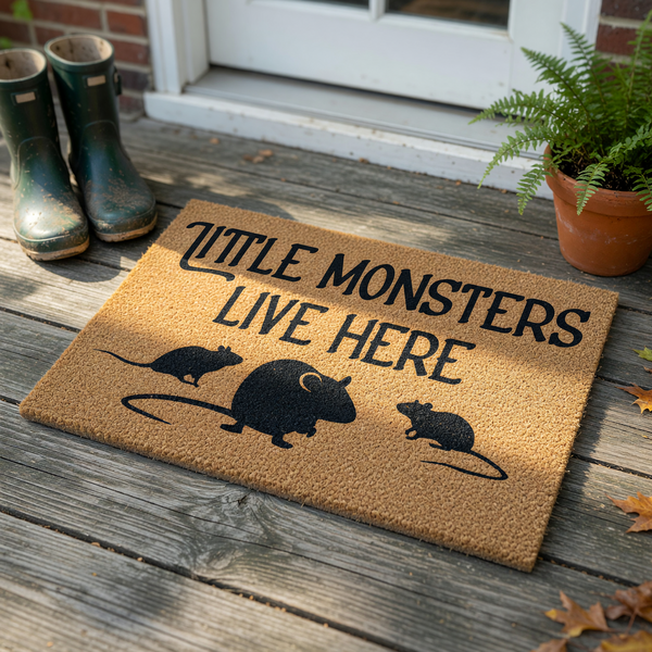 Little Monsters Live Here coir doormat featuring a playful design with three black rat silhouettes printed on a natural tan fiber background, creating a fun and whimsical entryway decor piece for any home that loves pet rodents.