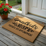 Grandkids Welcome Parents By Appointment coir doormat featuring black text on a natural brown fiber background, designed as a humorous front porch decor piece for a grandparent who loves hosting their grandchildren at their home.