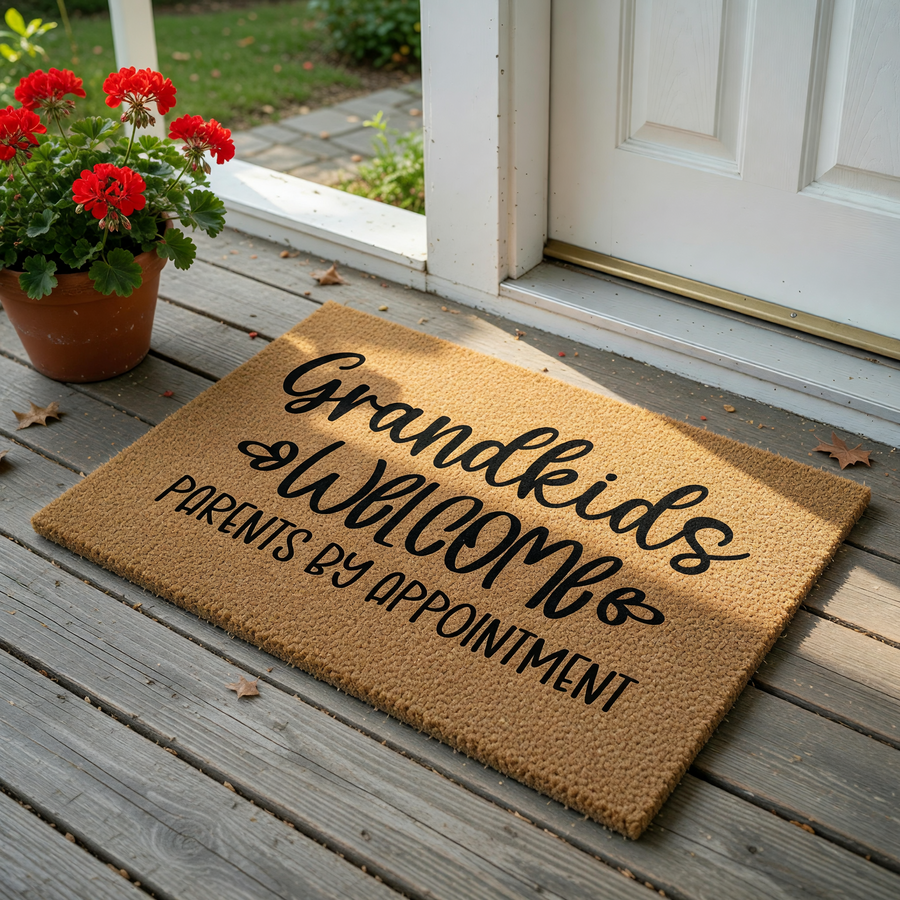Grandkids Welcome Parents By Appointment coir doormat featuring black text on a natural brown fiber background, designed as a humorous front porch decor piece for a grandparent who loves hosting their grandchildren at their home.