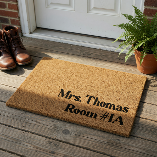 Personalized coir doormat featuring a natural tan fiber texture and bold black lettering that displays a custom name and room number, creating a functional and welcoming entrance accessory for a home, office, or classroom door.