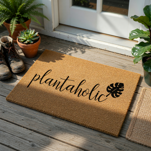 Plantholic coir doormat featuring a natural brown fiber texture and bold black script lettering that reads plantaholic, accented by a decorative monstera leaf illustration for a fun botanical entryway decor style.