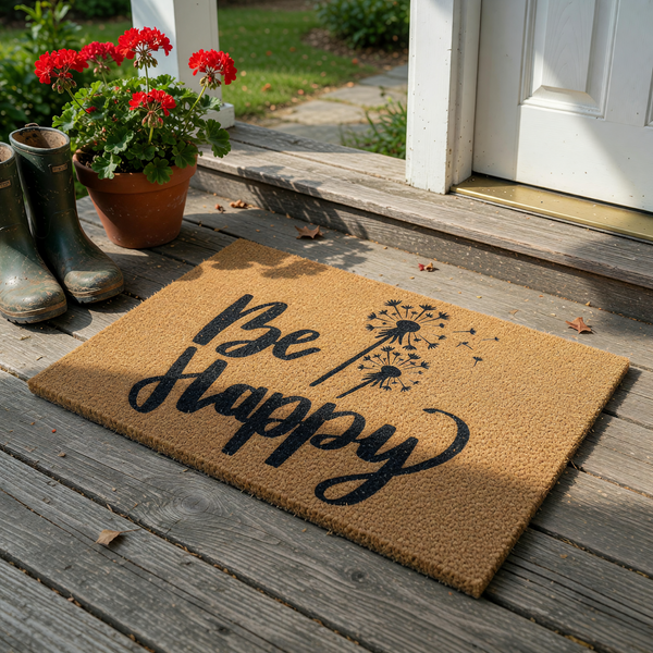 Be Happy dandelion doormat featuring a natural tan coir texture with bold black lettering and a whimsical dandelion seed head illustration, creating a cheerful and welcoming entrance decor piece for your home front porch.