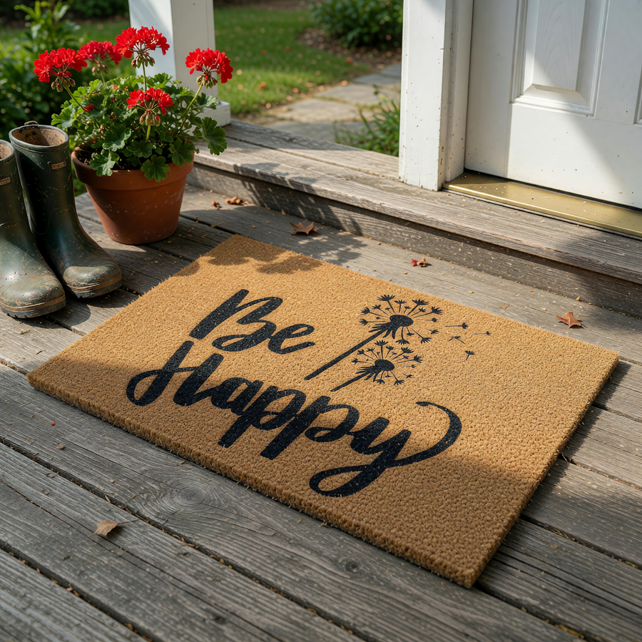 Be Happy dandelion doormat featuring a natural tan coir texture with bold black lettering and a whimsical dandelion seed head illustration, creating a cheerful and welcoming entrance decor piece for your home front porch.