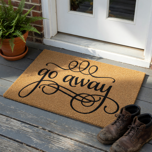 Go Away doormat featuring a natural coir fiber texture and bold black cursive lettering that adds a humorous touch to your front porch decor, making it a fun and functional welcome mat for any home entrance or entryway.