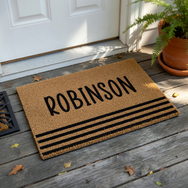 Personalized family name coir doormat featuring a natural tan fiber texture, bold black lettering for a custom surname, and three clean horizontal stripes at the bottom for a modern, minimalist entryway decor style on a white