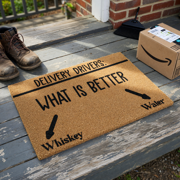 Funny Delivery Driver Doormat featuring a natural coir texture with black text that asks delivery drivers to choose between whiskey or water, making it a humorous and welcoming front porch decor piece for your home entrance.