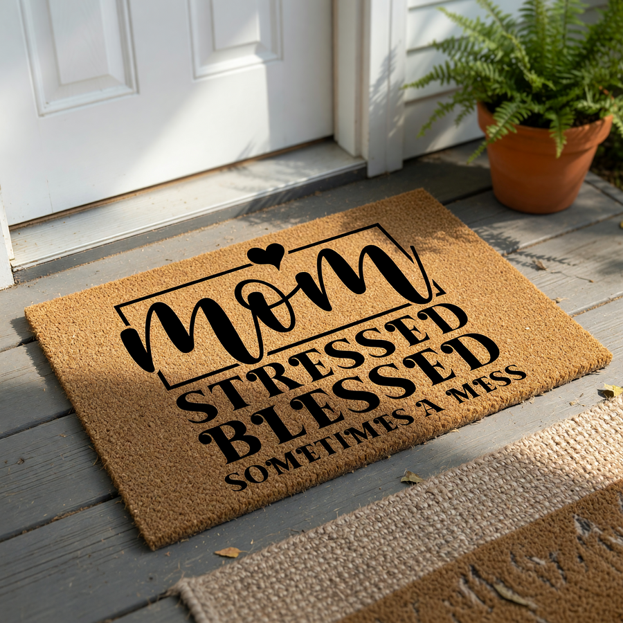 Mom coir doormat featuring a humorous design with the text Mom Stressed Blessed Sometimes A Mess in black lettering against a natural tan fiber background, creating a fun and welcoming entryway decor piece for any home.